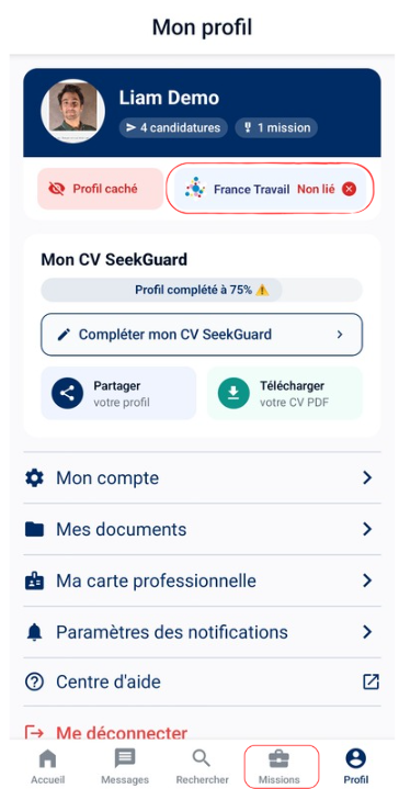 Capture d'écran : Écran de suivi des missions sur l'application SeekGuard